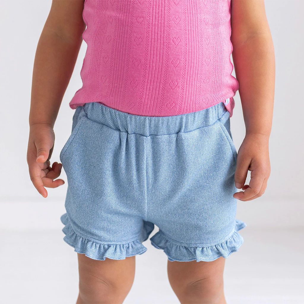 Denim Blue Toddler Girl Ruffled Terry Shorts | Light Blue Denim | Posh Peanut