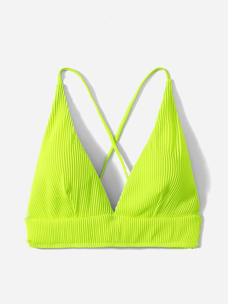 Neon Green Rib Cross Back Tankini Top | SHEIN