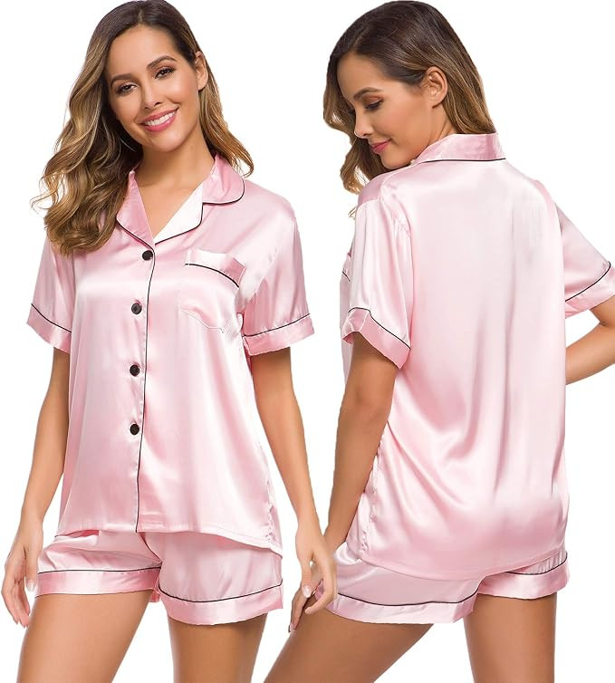SWOMOG Womens Silk Satin Pajamas Set Two-piece Pj Sets Sleepwear Loungewear Button-Down Pj Sets | Amazon (US)