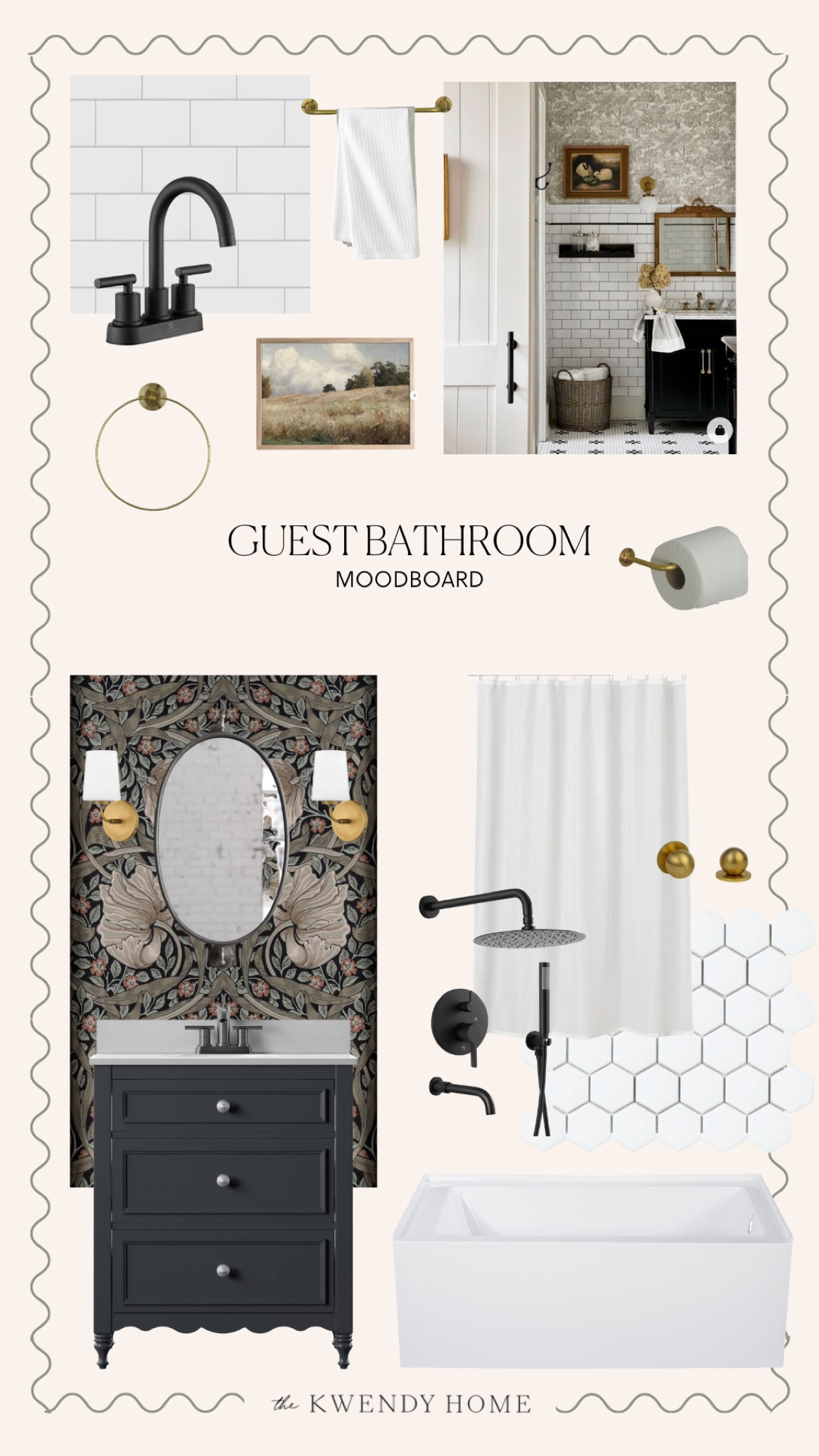 Here’s our guest bathroom mood board. I decided to go high contrast and using classic finishes while being on a budget. I paired subway tiles with hex floor tiles with unlacquered brass hardware. 

Everything is budget friendly so I decided to splurge on the wallpaper and make that the focal point. 

#LTKhome