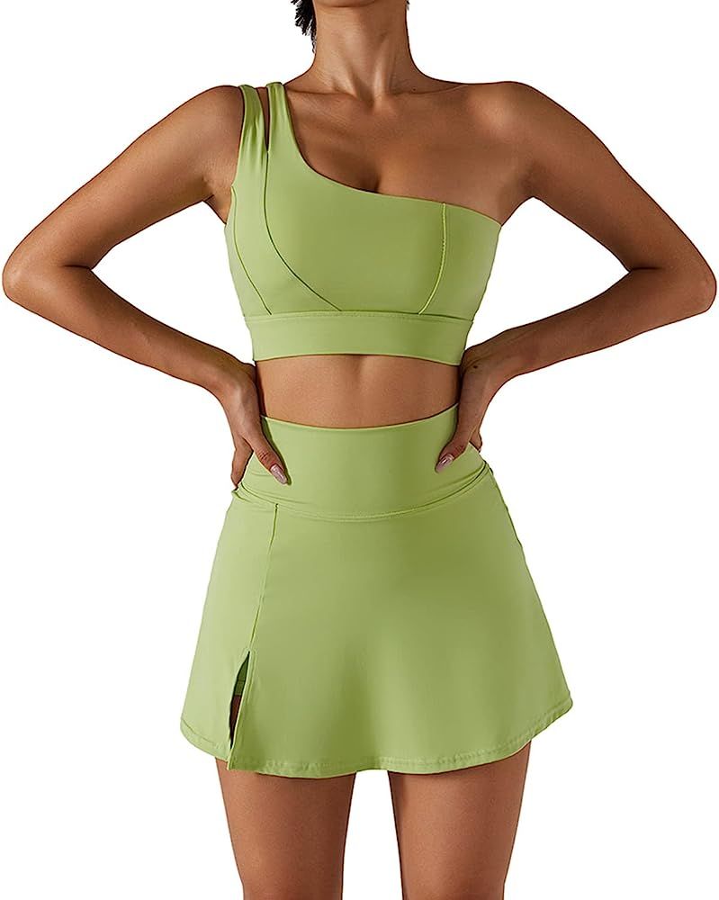 Women's Tennis Skirts Sport Bra Sets High Waisted Golf Skorts Skirt One Shoulder Sports Bra Runni... | Amazon (US)