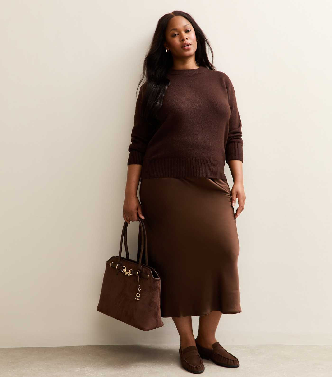 Curves Brown Satin Midi Skirt | New Look | New Look (UK)