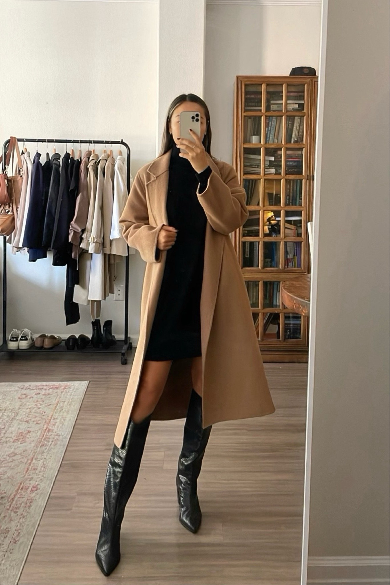 Fall outfit / 
camel coat xs - always runs out 
Cashmere sweater dress xs - linked to similar styles 
Schutz leather knee high boots - on sale for prime day 

#LTKStyleTip #LTKxPrimeDay