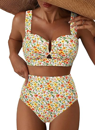 Amazon.com: Herseas Women Bikini Sets U Wire Cutout Floral Print High Waisted Flattering V Neck S... | Amazon (US)