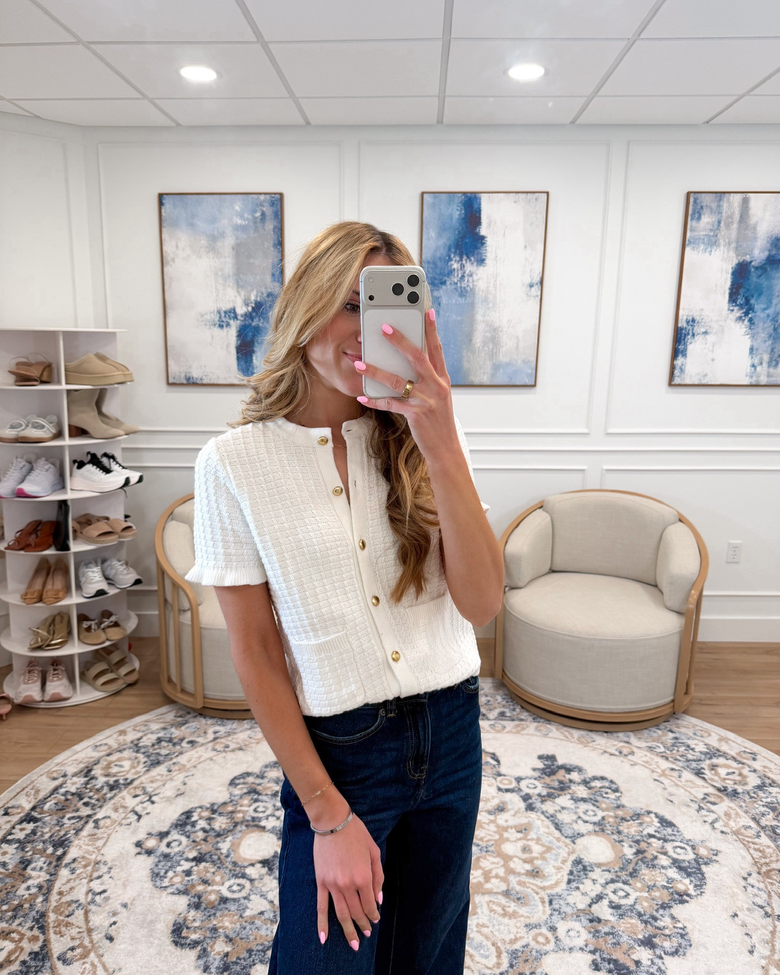 Such a classic Walmart look 🤍✨This textured short sleeve cardigan with gold buttons is such a flattering staple. I love it paired with dark wash wide leg jeans for an easy, polished everyday outfit.

Perfect for work, brunch, or casual days when you still want to feel put together 👏🏼

Wearing size small

#LTKworkwear #LTKfindsunder50 #LTKstyletip