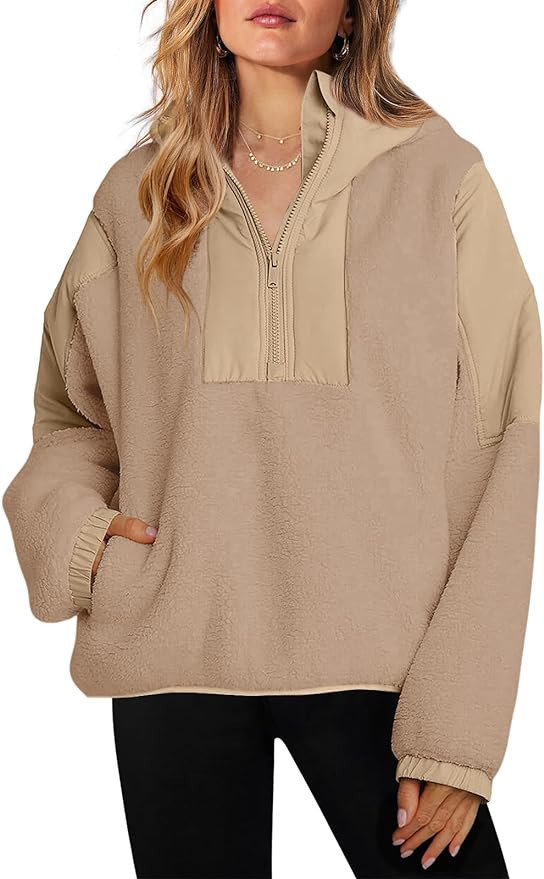 ReachMe Womens Fleece Hoodie Oversized Sherpa Jacket with Pockets Half Zip Sweatshirt Fuzzy Pullo... | Amazon (US)