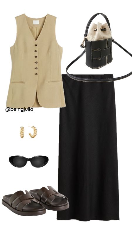 Spring outfit inspiration!
-Tailored tan suit vest. 
-Long black maxi skirt. 
-Black crossbody bag. Great for everyday. 
-Black slip on sandals. 
-Celine Triomphe sunglasses. 
-Gold hoop earrings. 


#LTKfindsunder100 #LTKSeasonal #LTKstyletip