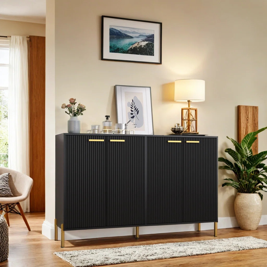 Luxury Fluted Sideboard Cabinet, Accent Large Coffee Bar Station With 4 Doors, Entryway Buffet Ta... | Wayfair North America