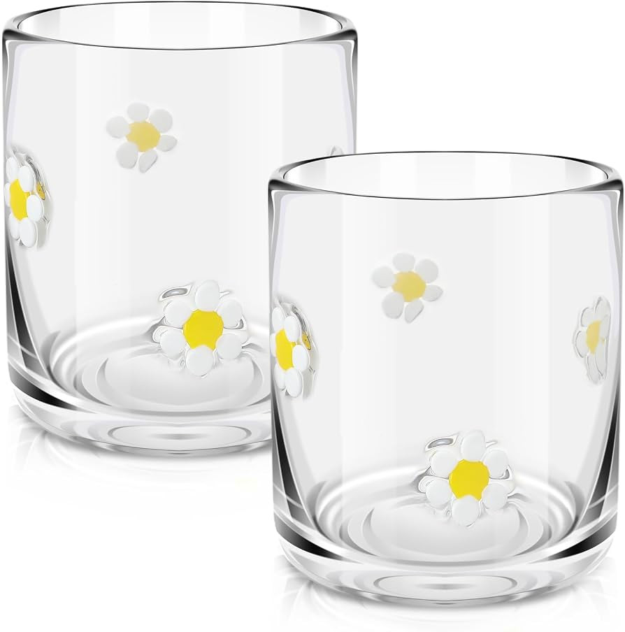 SiliFine 2 Pcs Flower Icon Juice Glasses - 14oz White Floral Stemless Wine Drinking Coffee Glass ... | Amazon (US)