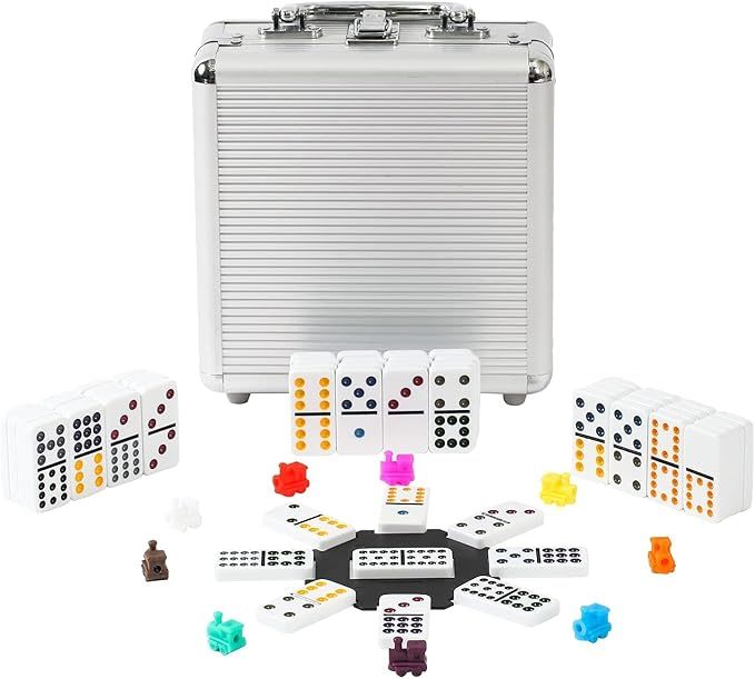 Double 12 Coloured Dot Dominoes Mexican Train Game Set with Aluminum Case, 91 Tiles 9 Trains, Sco... | Amazon (US)