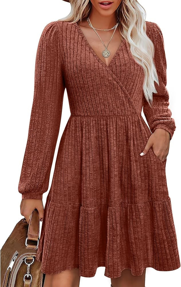 LANISEN Women Knit Dress Long Puff Sleeve Fit and Flare Sweater Dresses with Pockets Wrap Fall Dr... | Amazon (US)