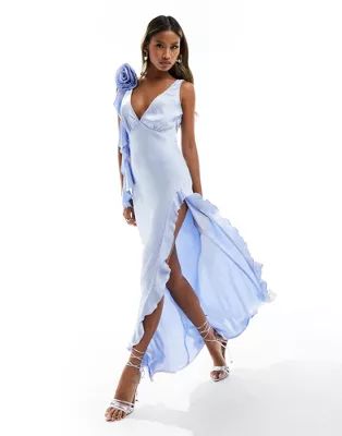 Love Triangle satin plunge maxi dress with corsage in blue | ASOS (Global)