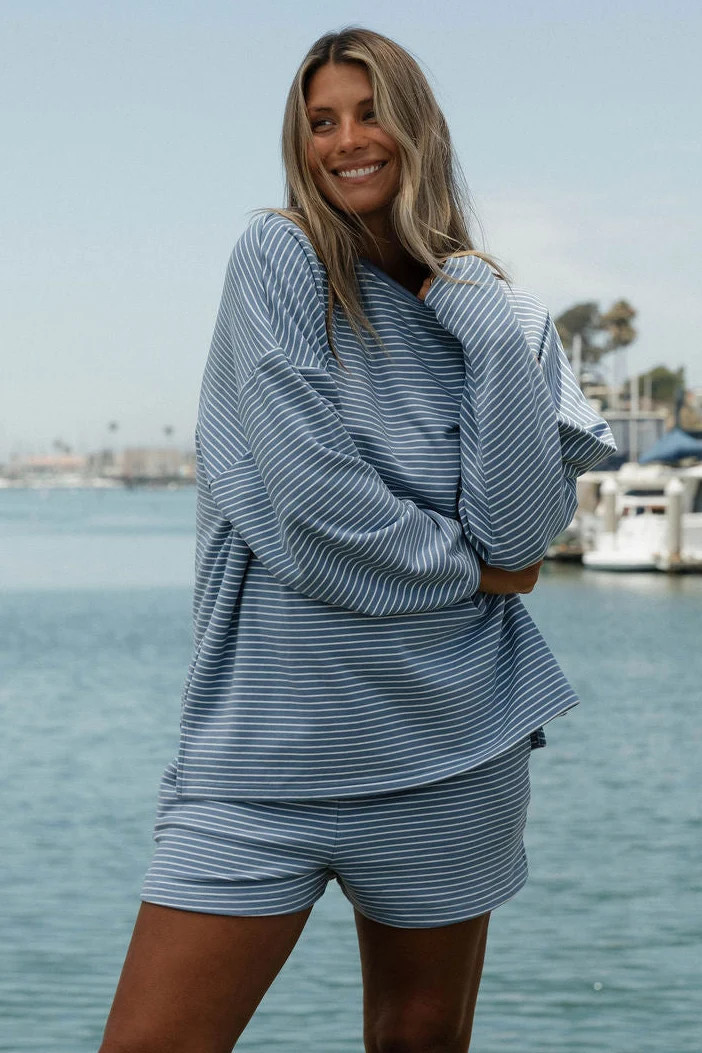 Campbell Striped Fleece Shorts in Nantucket Blue | Worth Collective