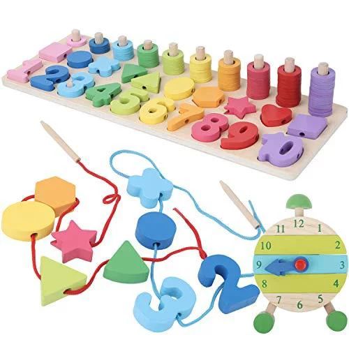 Montessori Fine Motor Skill Toys - Math Wooden Number Shape Set with Learning Clock and Lacing Be... | Walmart (US)