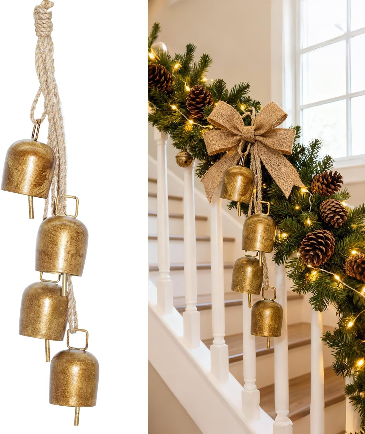 Vintage Gold Metal Bells with Jute Rope - Decorative Hanging Cow Bells for Christmas Tree Ornamen... | Amazon (US)