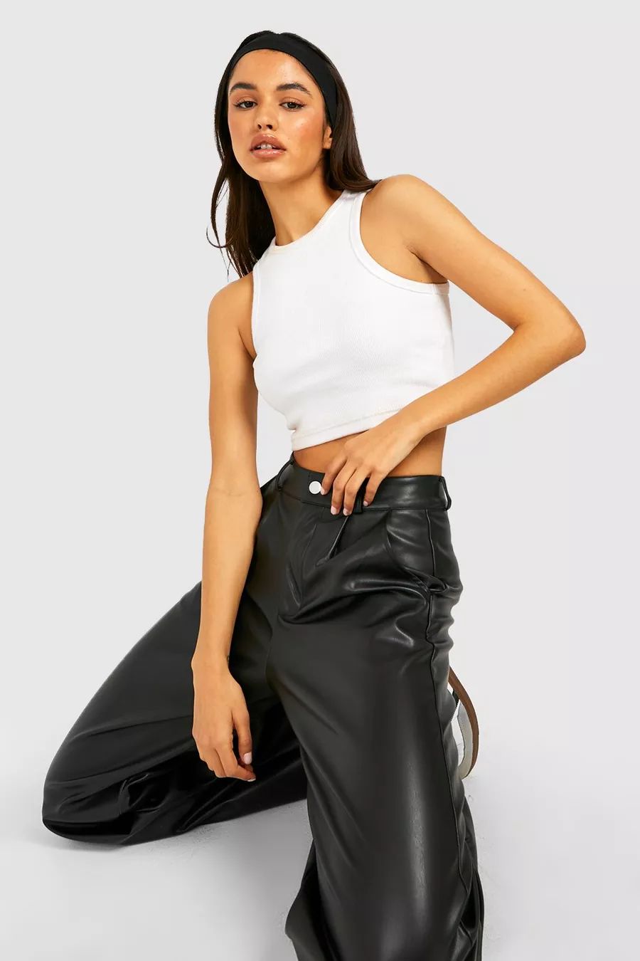 Leather Look High Waisted Relax Fit Trousers | Boohoo.com (UK & IE)