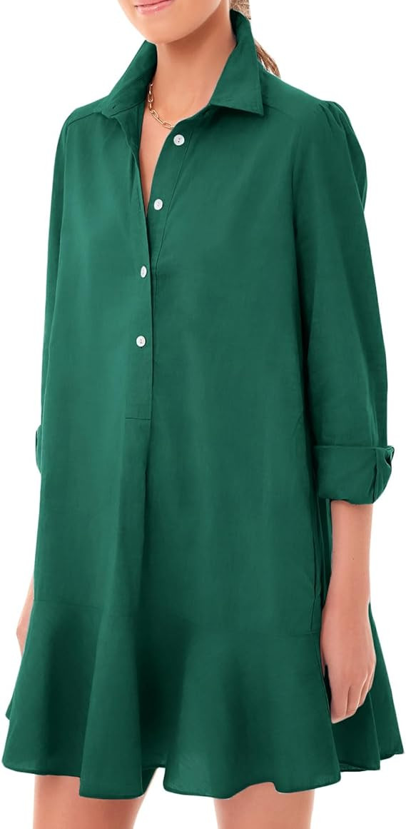 Women's Tunic Mini Shirt Dress Cotton Long Sleeve Ruffle Hem Dress Button Up Shift Chambray Dress... | Amazon (US)