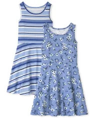 Girls Sleeveless Floral And Striped Knit Tank Dress 2-Pack | The Children's Place | The Children's Place