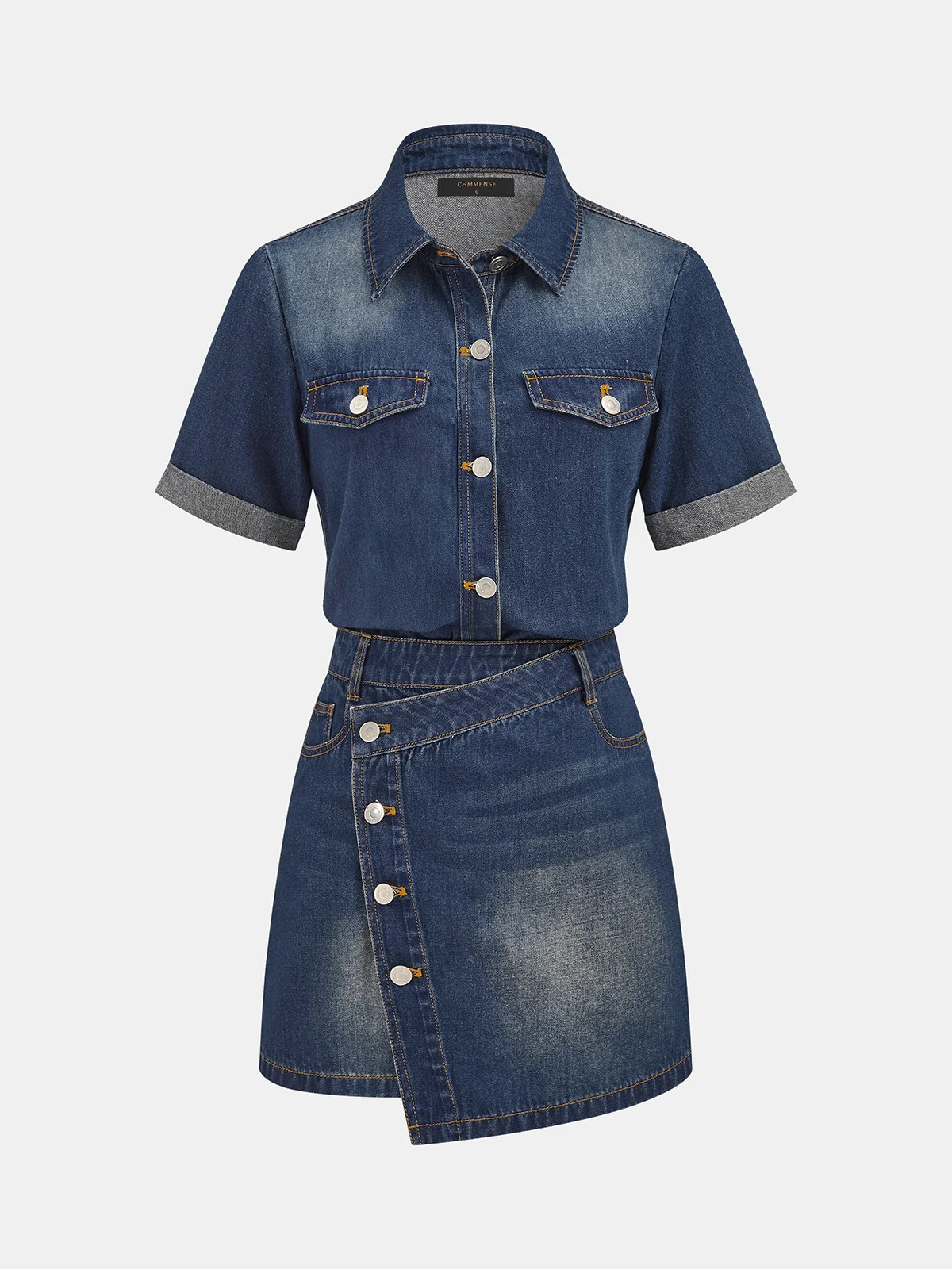 Short Sleeve Asymmetric Denim Shirt Dress | Commense