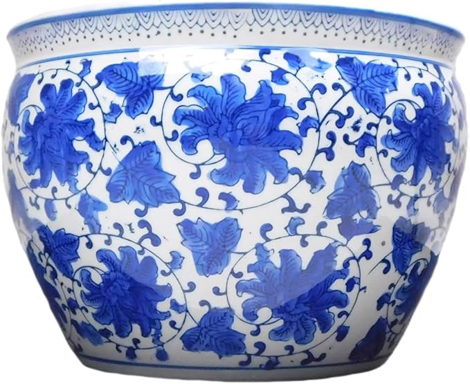 Oriental Furnishings 8" Blue and White Large Porcelain Jardiniere for Indoor Or Outdoor Use | Amazon (US)
