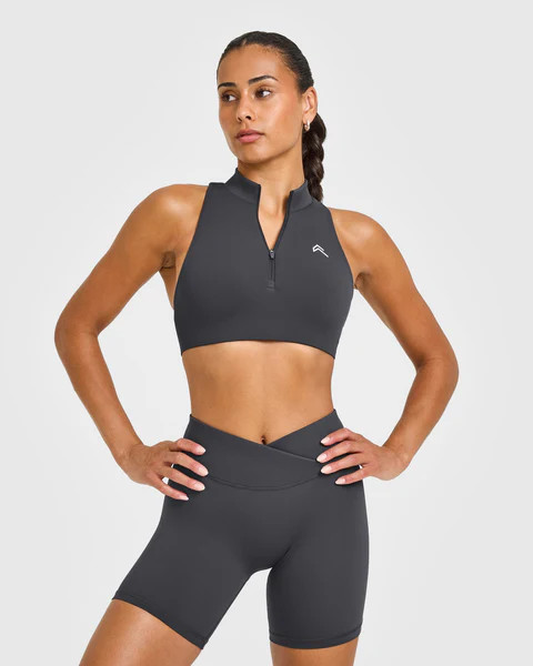 EasyLift™ Zip High Neck Sports Bra with White Logo 
 Coal | Oner Active (UK / US)