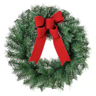 24 in. Unlit Artificial Wreath with Red Velvet Bow | The Home Depot