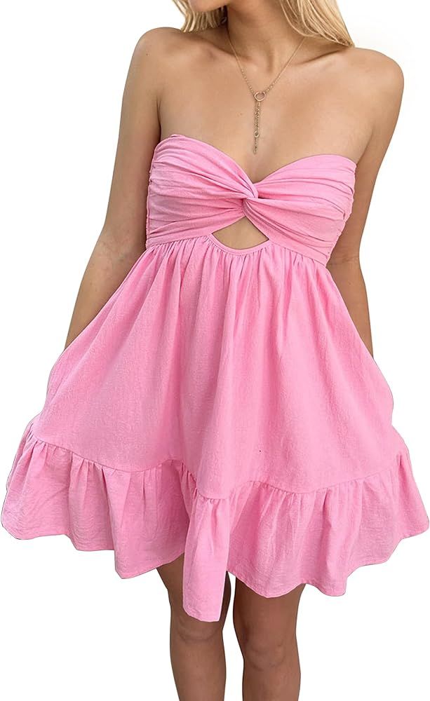Meladyan Women’s Twist Knot Bandeau Tube Dress Solid Strapless Backless Mini Dresses Summer Hol... | Amazon (US)