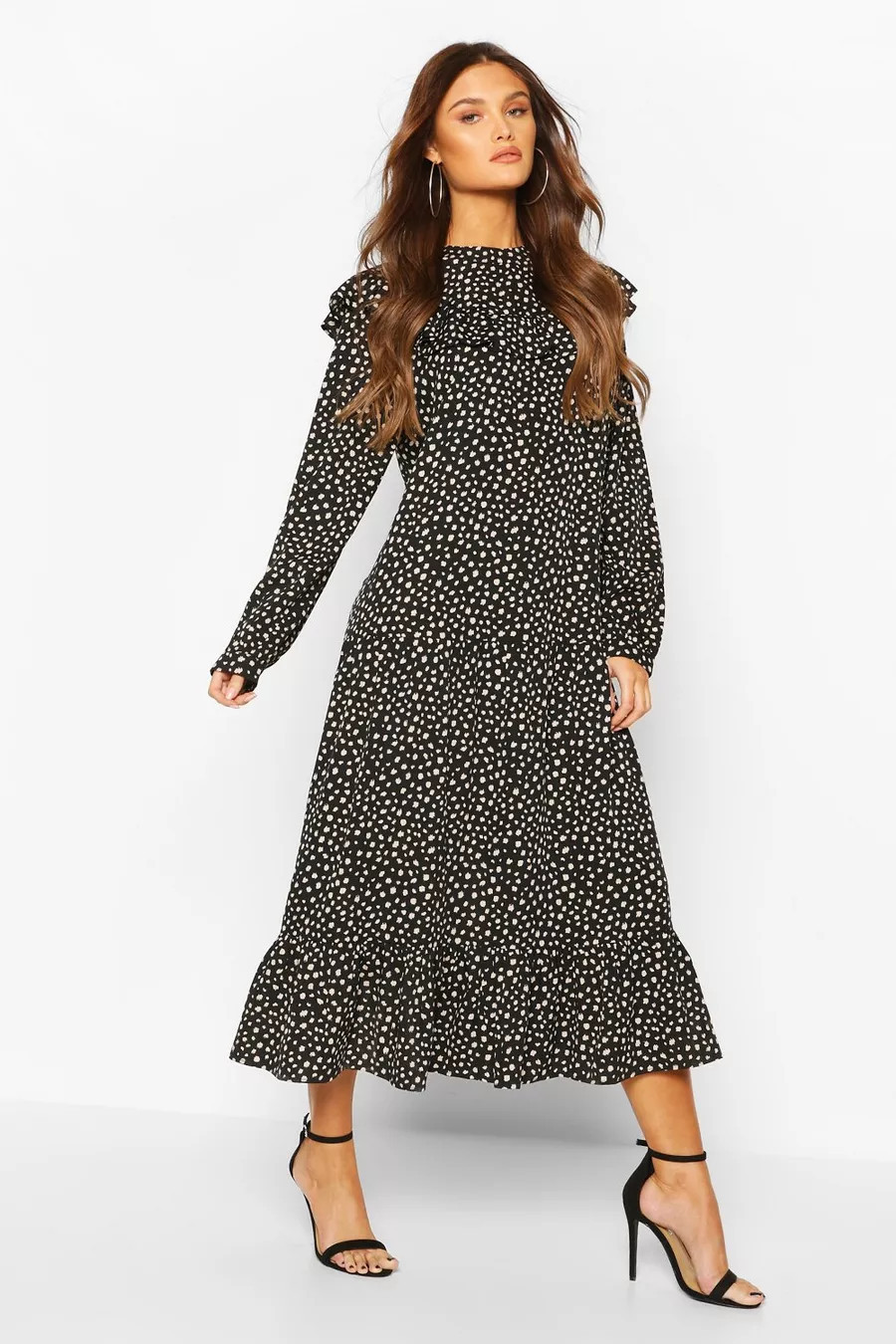Smudge Polka Dot Ruffle Drop Hem Midi Dress | boohoo (US & Canada)