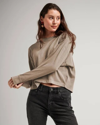 Womens Relaxed Crop Long Sleeve Tee - Pigment Dye Jersey - Warm Grey WARM GREY / XL | Andie Swim