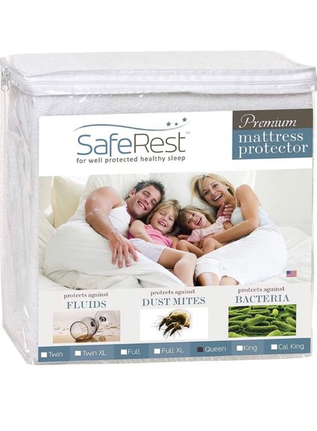 SafeRest Mattress Protector - Queen Size Cotton Terry Waterproof Mattress Protector, Breathable Fitted Mattress Cover with Stretchable Pockets.

KEEP YOUR MATTRESS DRY - Helps protect against fluids, urine, perspiration and anything else that might stain your mattress!
QUIET & BREATHABLE - Quiet breathable queen mattress protector that will allow a full night sleep while protecting your mattress
PROTECT YOUR MATTRESS - Perfectly fitted queen mattress protector that protects against unwanted creatures
BEDDING ESSENTIALS - Airbnb Essentials for Hosts, Essential for first home and/or new apartment
MACHINE WASHABLE - Machine washable

#LTKhome #LTKsalealert #LTKxPrimeDay