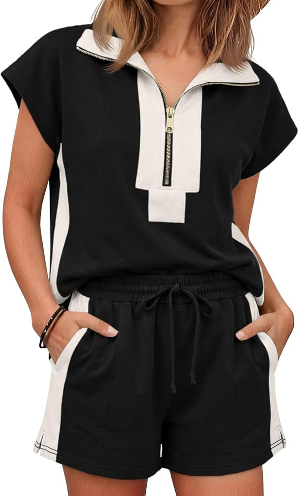 Cicy Bell Womens 2 Piece Outfits Summer Half Zip V Neck Cap Sleeve Tops Matching Sets Color Block... | Amazon (US)