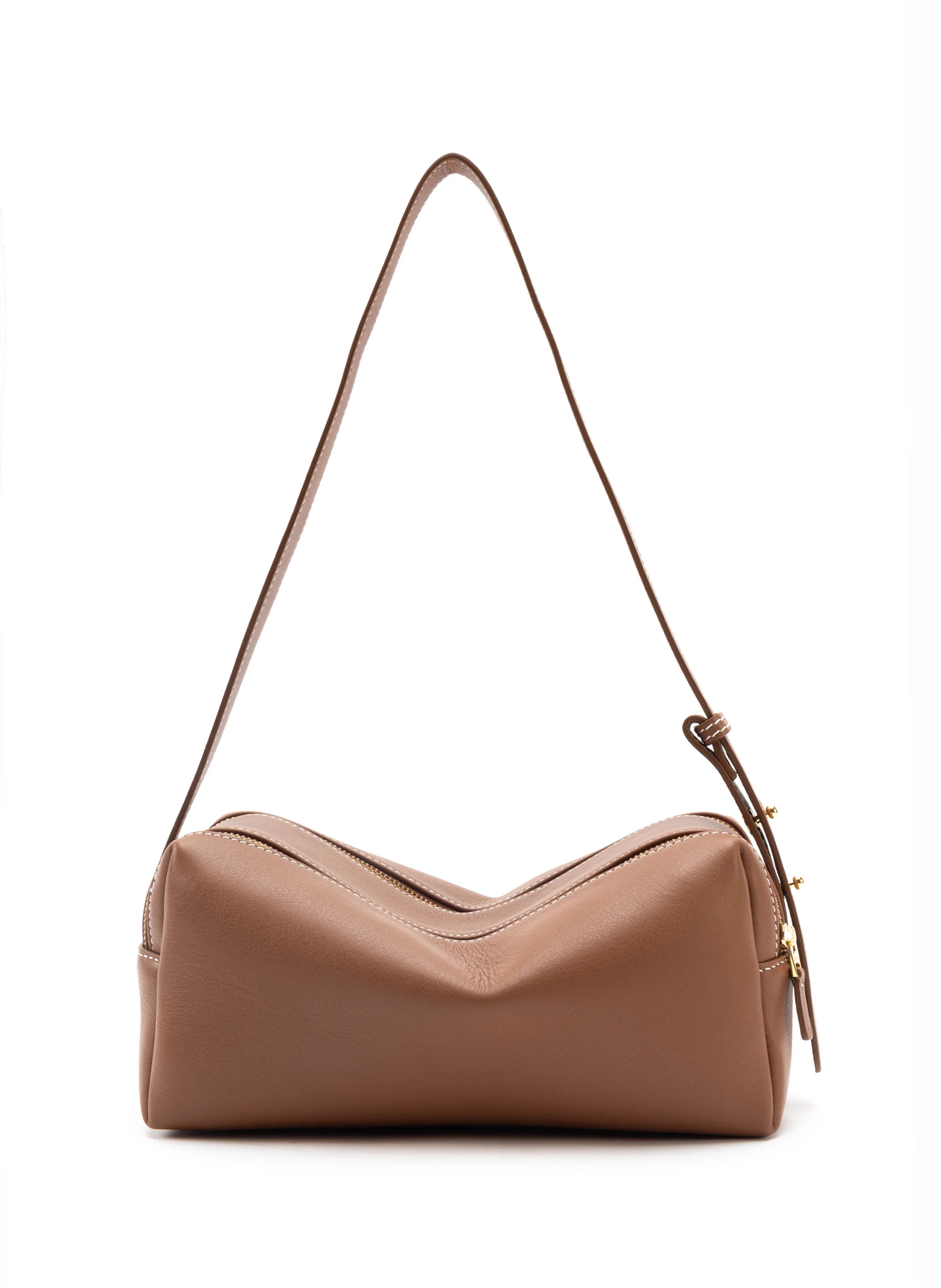 Trousse Pebbled Leather Cognac White stitching - Designer Leather Handbag - Elleme | Elleme