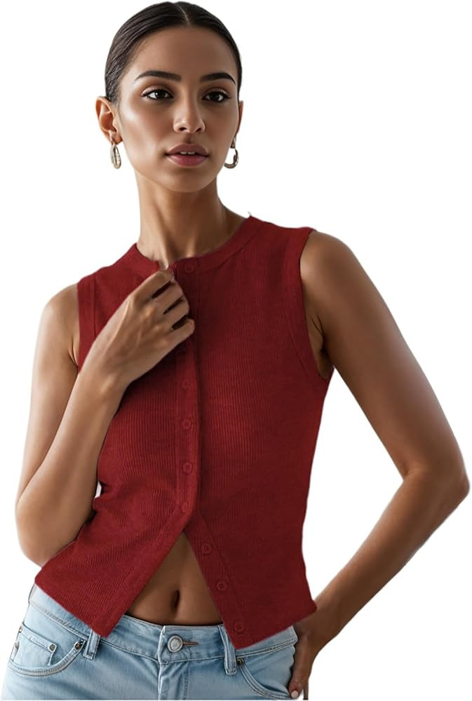 Women’s Button Down Tank Tops Ribbed Summer Vest Button Up Open Front Sleeveless Slim Fit Crop ... | Amazon (US)