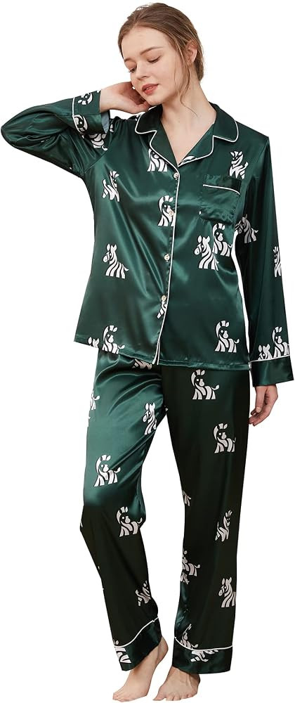 Women’s Silk Satin Classic Long Sleeve Pajamas Button Down Silky Floral Animals Pattern Set Lou... | Amazon (US)