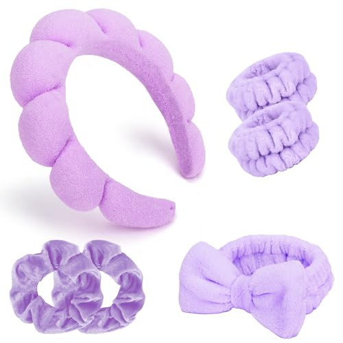 Ondder 6 Pcs Purple Spa Headband and Wristband Set Makeup Spa Headband for Washing Face Bubble Skin Care Headbands Face Wash Sponge Puffy Headband Head Bands Hair Accessories for Women Girls | Amazon (US)