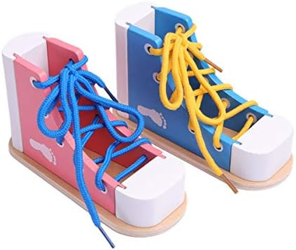STOBOK 2pcs Wood Lacing Sneaker Learn to Tie Shoes Tie-Up Shoe Threading Toy Montessori Education... | Amazon (US)