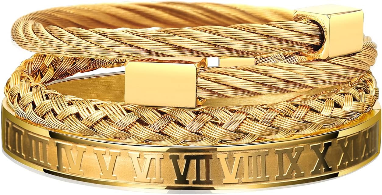 WFYOU 3PCS Stainless Steel Bracelets for Men Gold Roman Numeral Bangle Bracelet Twisted Cable Bra... | Amazon (US)