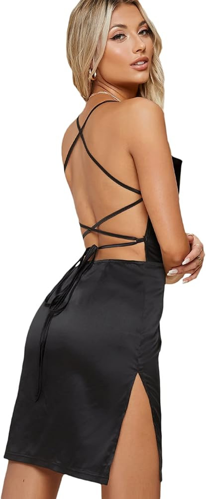Floerns Women's Criss Cross Backless Tie Back Split Thigh Party Mini Dress | Amazon (US)