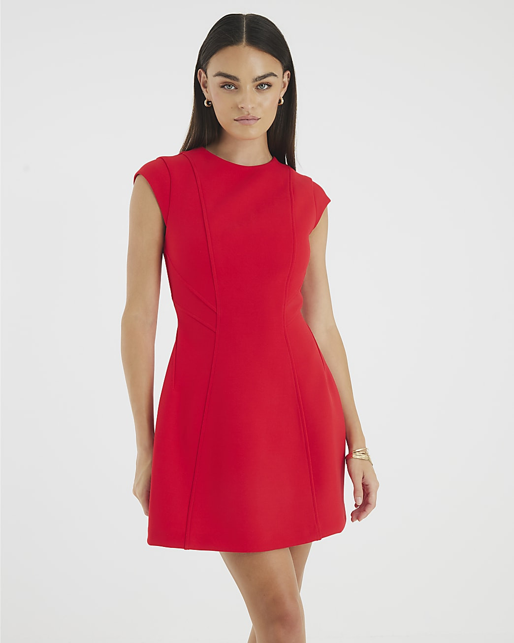Red contoured cap sleeve mini shift dress | River Island UK & IE