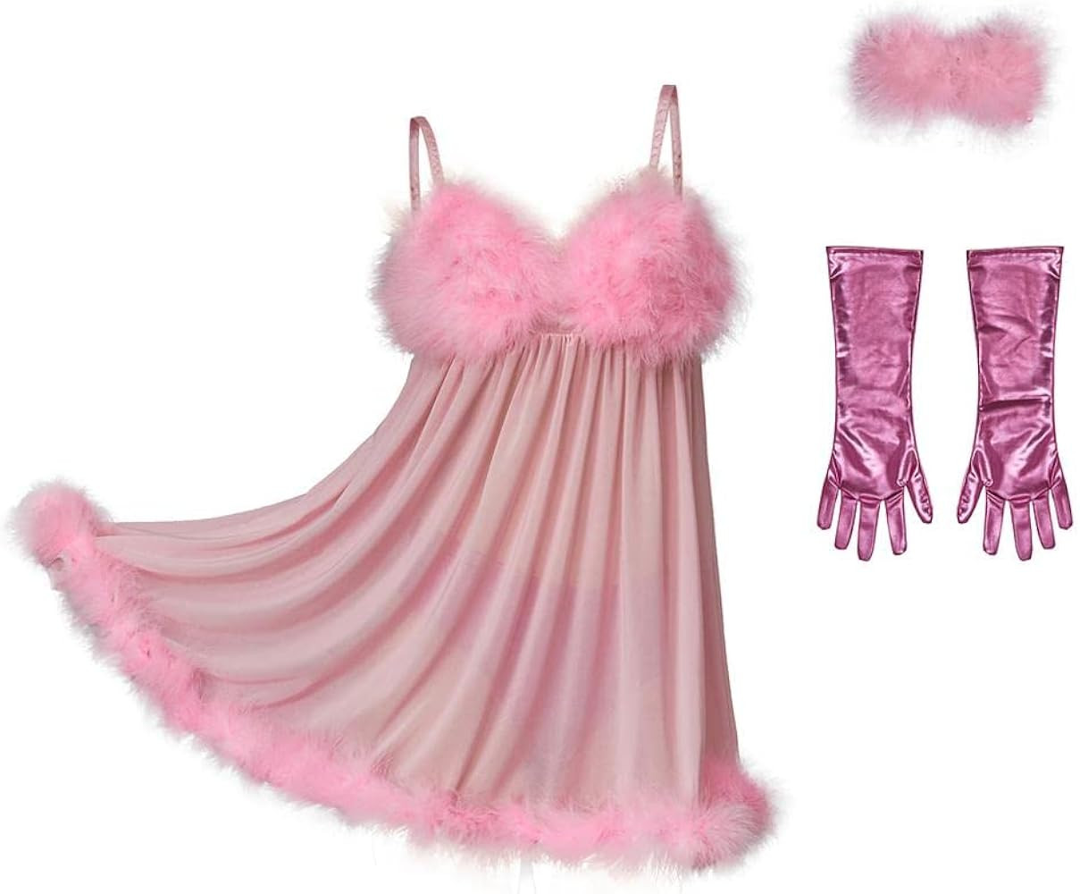 MyheroCos Fembot Cosplay Costume Pink Fembot Dress Women's Sexy Feather Lingerie Pink Negligees | Amazon (US)