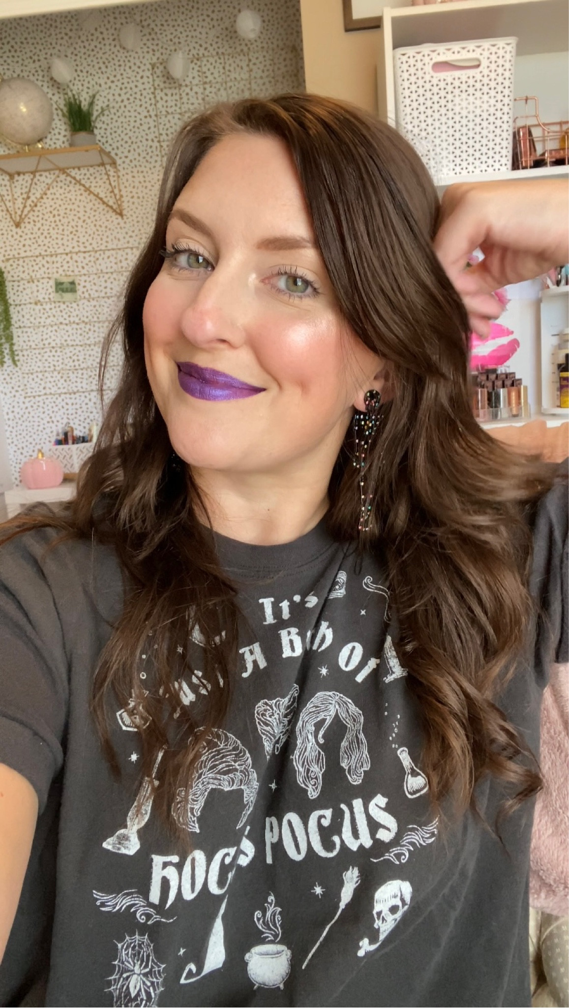Halloween look
Halloween ootd
Hocus pocus
Hocus pocus shirt
Skeleton earrings
Purple lipstick
Purple liquid lipstick
Bay mail decals
Halloween nails
October ootd 
Hocus pocus premier


#LTKbeauty #LTKfit #LTKHalloween