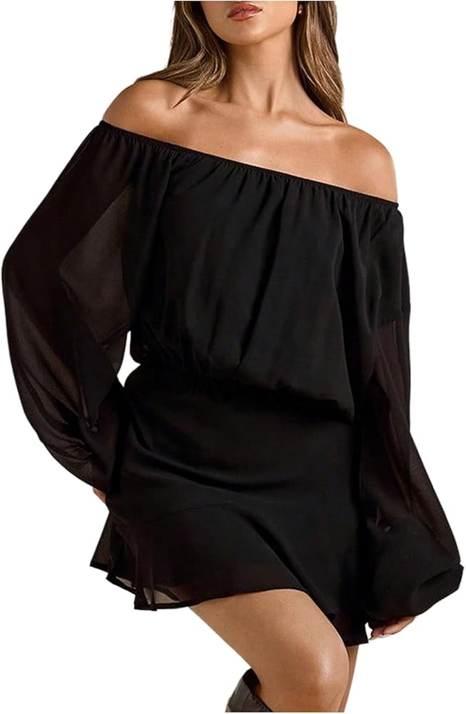 Floerns Women's Off The Shoulder Chiffon Dresses Lantern Long Sleeve Festival Party Mini Dress | Amazon (US)