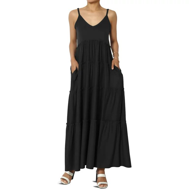 Women's Casual Summer Ruffle Tiered V-Neck Cami Sun Long Maxi Dress w Pocket | Walmart (US)