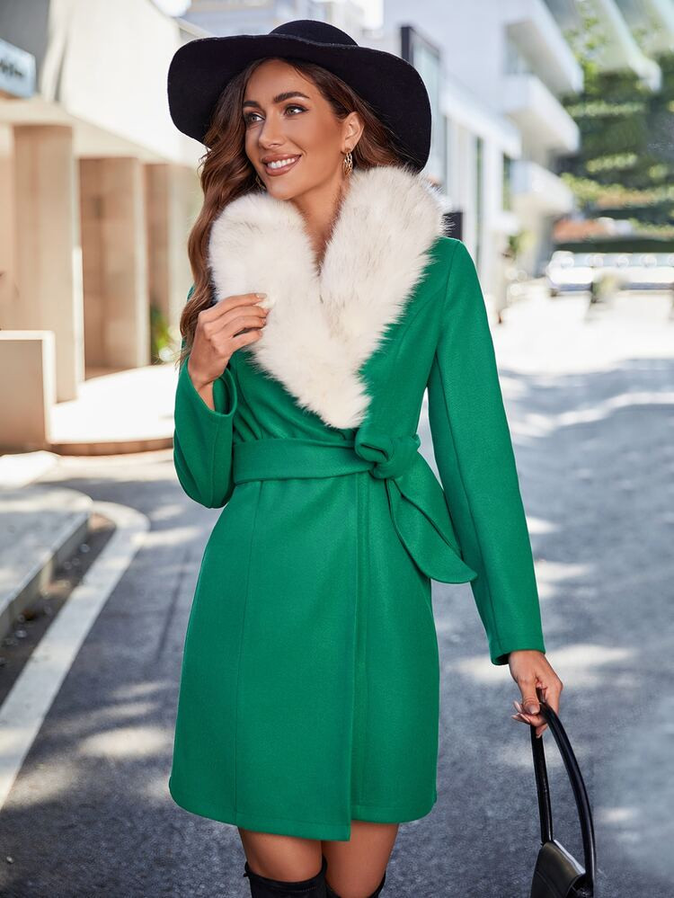 Contrast Fuzzy Collar Belted Overcoat | SHEIN