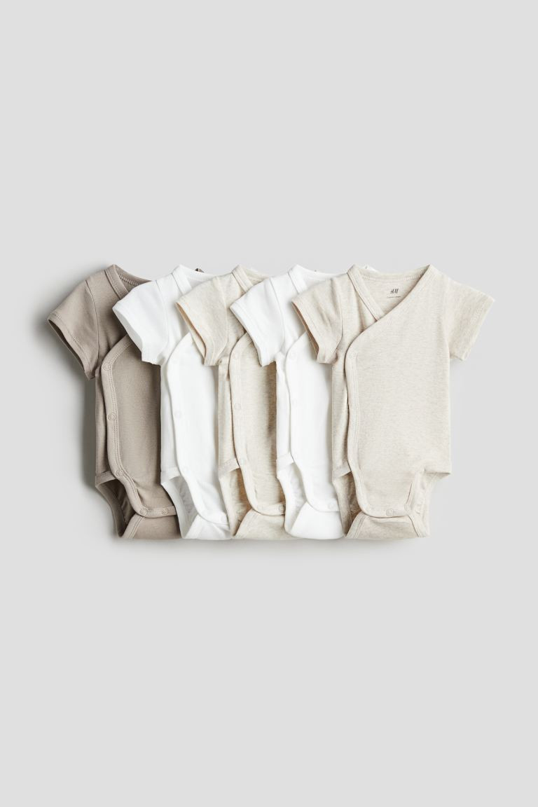 5-pack Cotton Bodysuits - V-neck - Short sleeve - Beige/white - Kids | H&M US | H&M (US + CA)