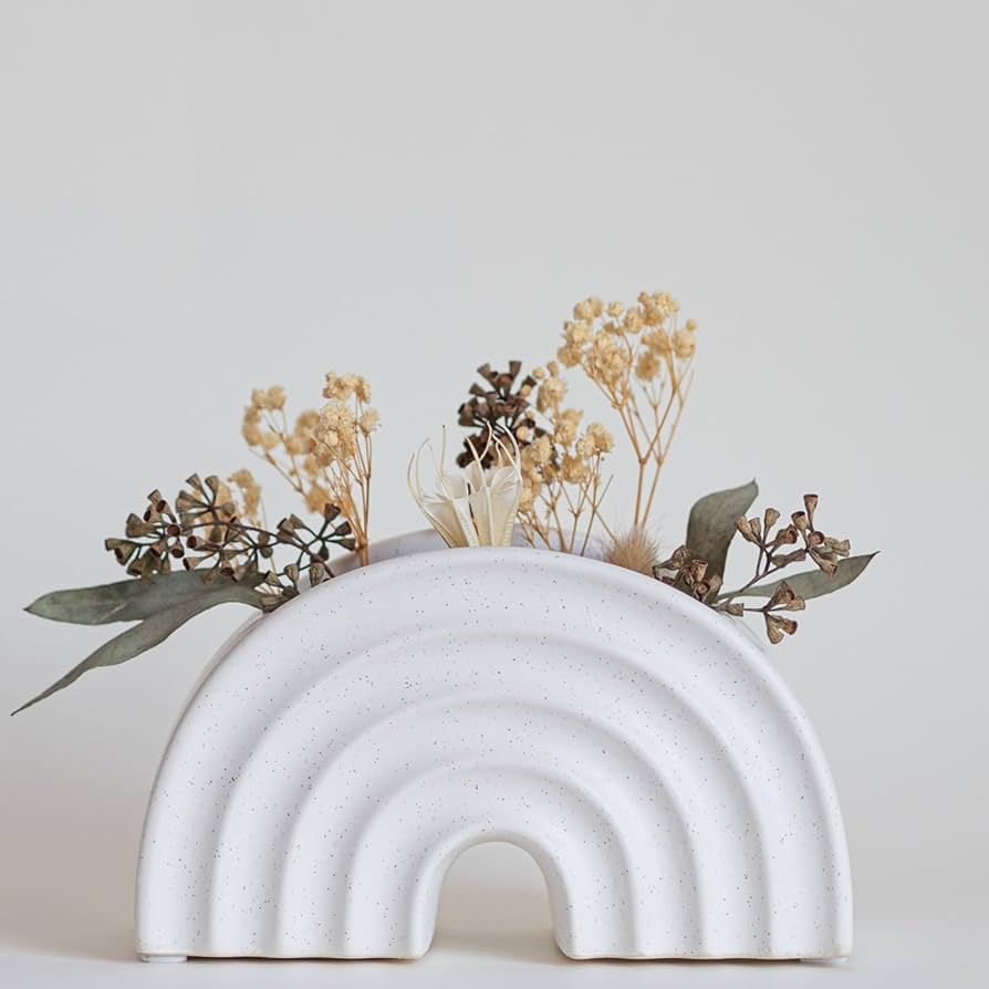 Rainbow Arched Planter White Vase Speckled Ceramic w/Drainage Hole, Textured Ribbed Arch, Organic... | Amazon (US)