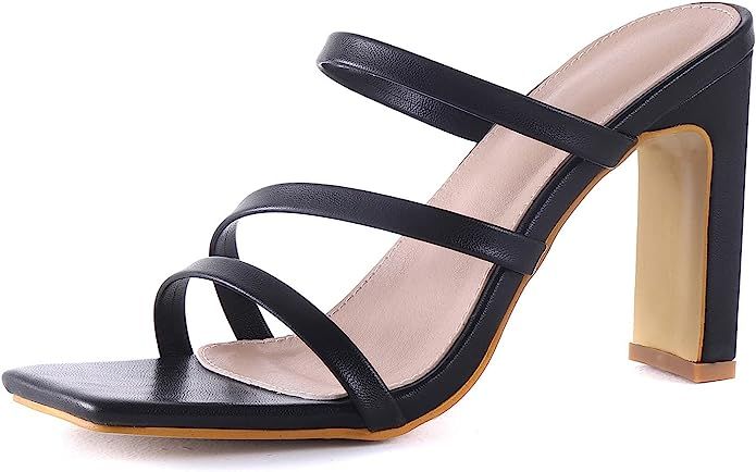 LACUONE Women's High Heels Square Toe Sandals Block Heeled Strappy Mules Backless Slippers | Amazon (US)