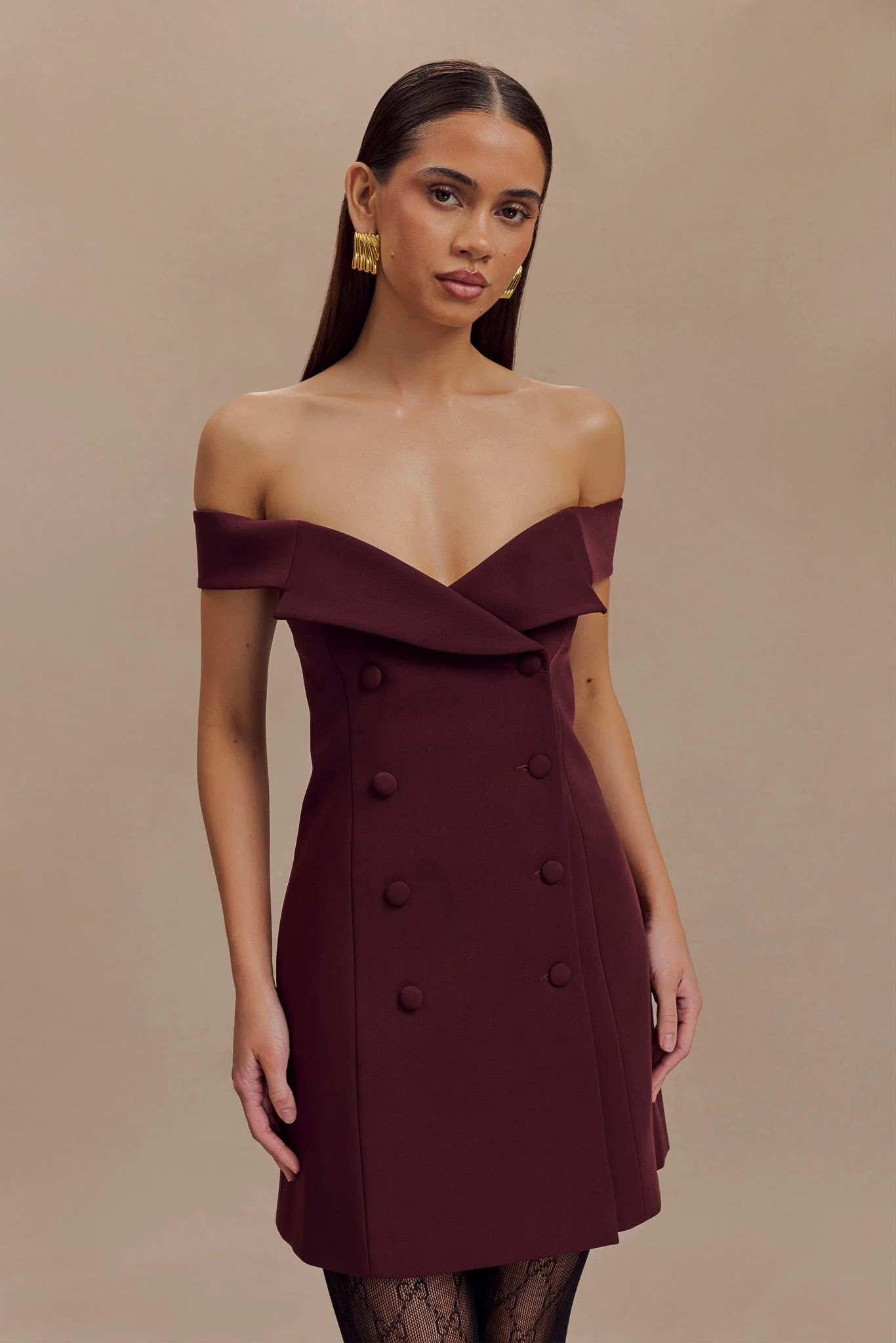 Noelle Off Shoulder Suiting Mini Dress - Mahogany | MESHKI US
