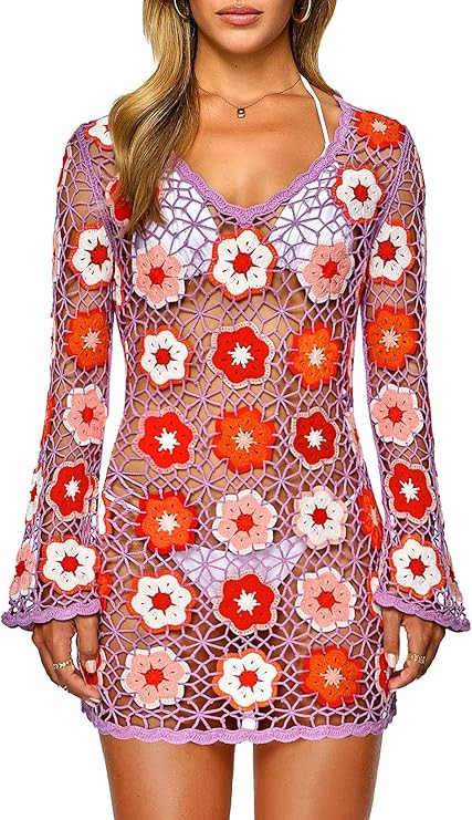 FAIRY SEASON Women's Crochet Beach Cover Up Dress Boho Bell Sleeve 3D Camellia Embroidery for Vac... | Amazon (US)
