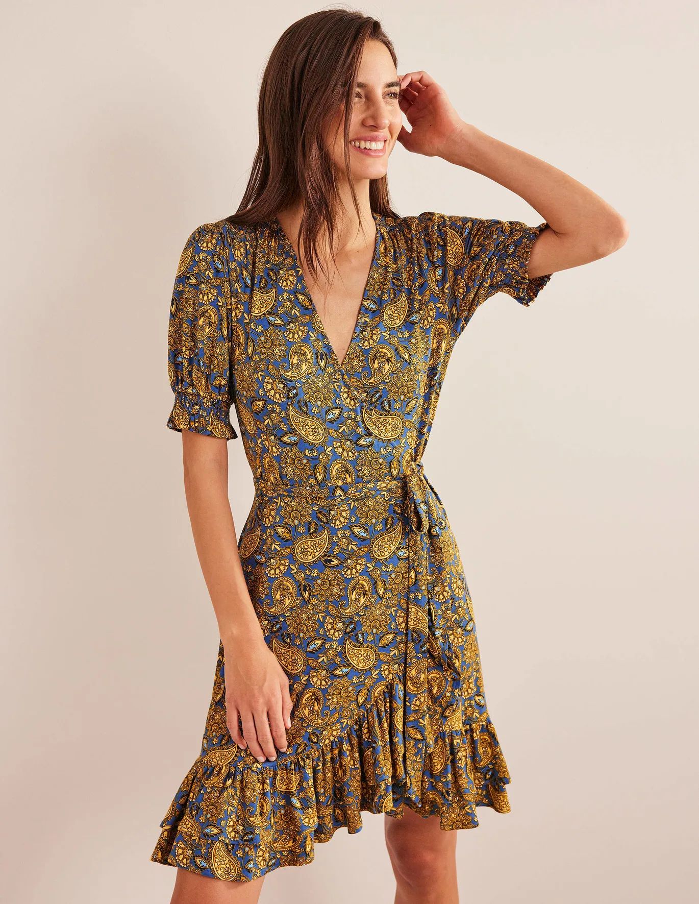 Ruffle Wrap Jersey Mini Dress - Harvest Gold, Paisley Terrace | Boden (US)